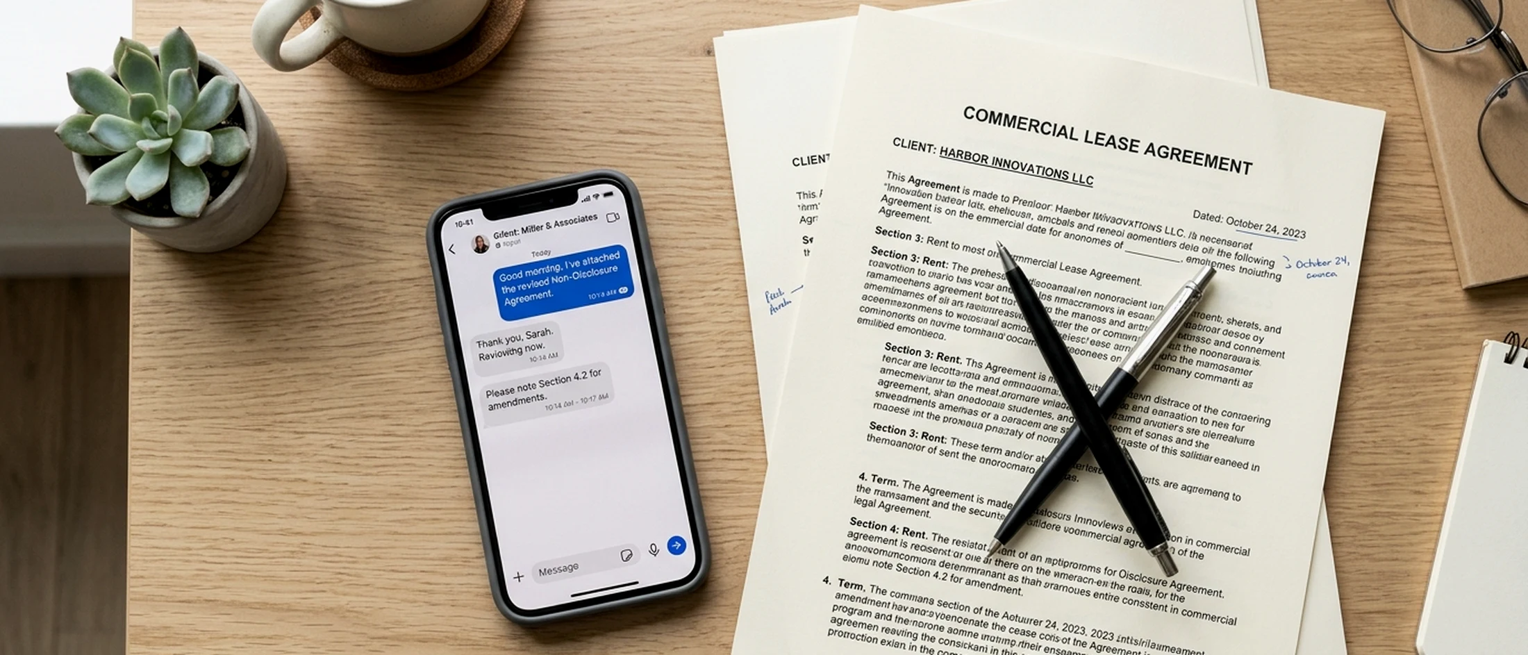 Celular con un chat de WhatsApp junto a documentos legales sobre un escritorio